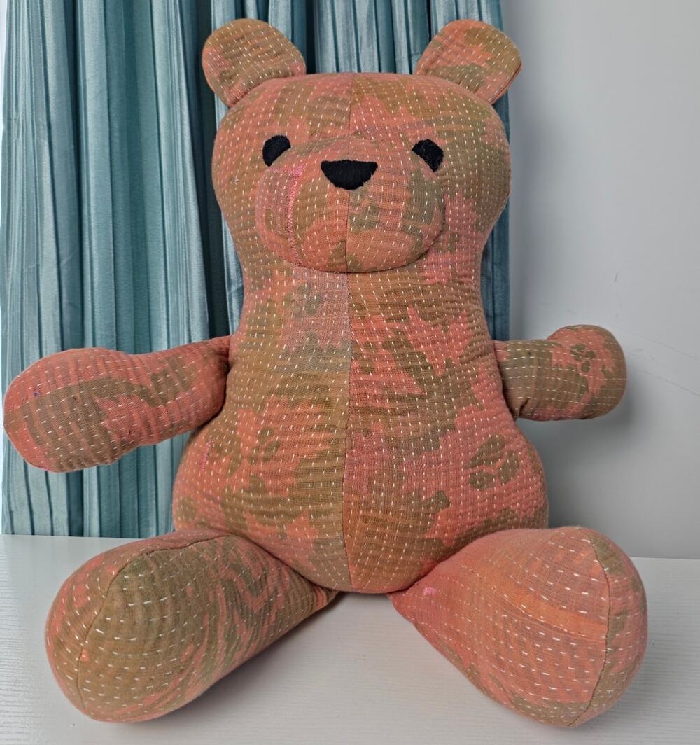 Free People Peach Green Camo Pattern hues Vintage Kantha Quilt Bear